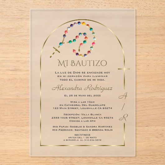 Spaanse Gouden Boog Kruis Meisje Monogram Doop Acryl Uitnodigingen (Voorkant)