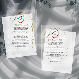 Spaanse Gouden Boog Kruis Meisje Monogram Doop Acryl Uitnodigingen