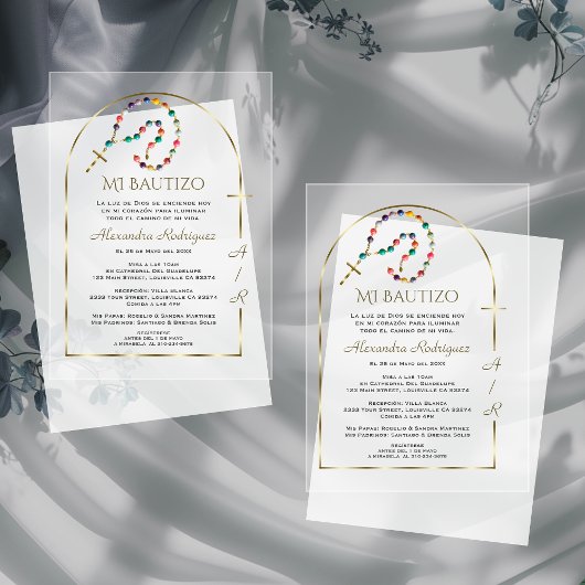 Spaanse Gouden Boog Kruis Meisje Monogram Doop Acryl Uitnodigingen