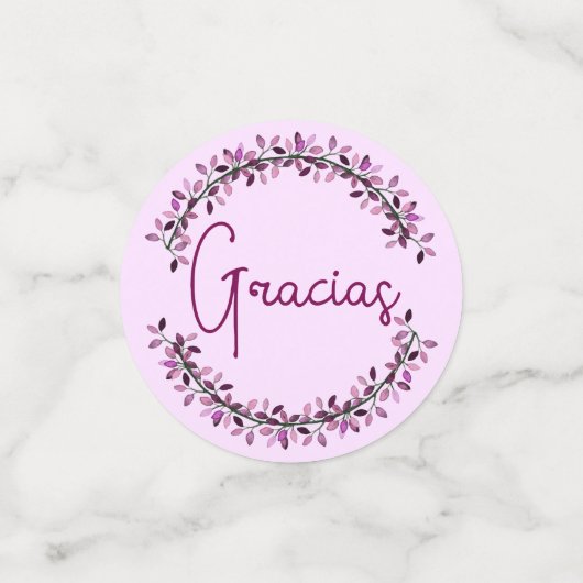 Spaanse Gracias Typografie Chic Paarse Blad Krans Confetti (Kleine voorkant)