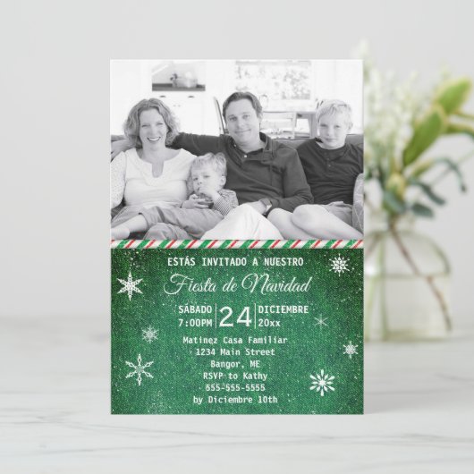 Spaanse groene denim Snowflake Foto Holiday Kaart (Staand voorkant)