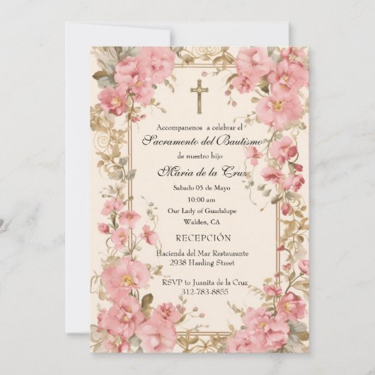 Spaanse Guadalupe Doop Roze Bloemen Kaart (Voorkant)