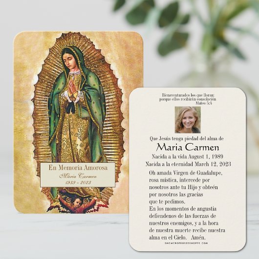 Spaanse Guadalupe Mary Funeral Prayer Heilige Kaar Plaatskaartje