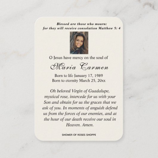 Spaanse Guadalupe Mary Funeral Prayer Heilige Kaar Plaatskaartje (Achterkant)