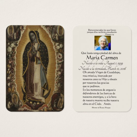 Spaanse Guadalupe Mary Funeral Prayer Heilige Kaar Visitekaartje (Voorkant /achterkant)