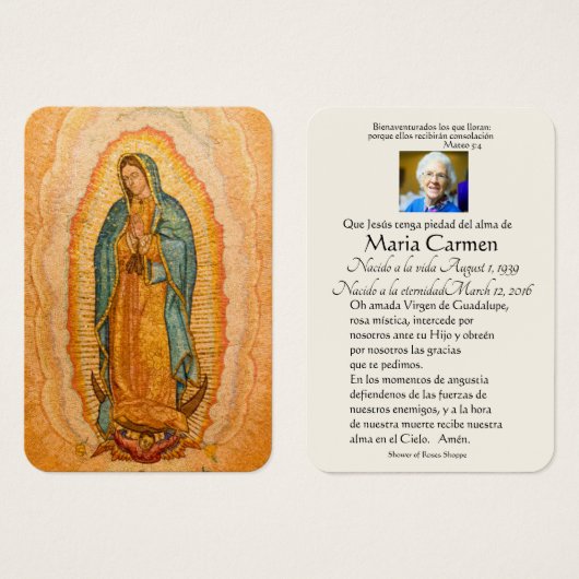 Spaanse Guadalupe Mary Funeral Prayer Heilige Kaar Visitekaartje (Voorkant /achterkant)