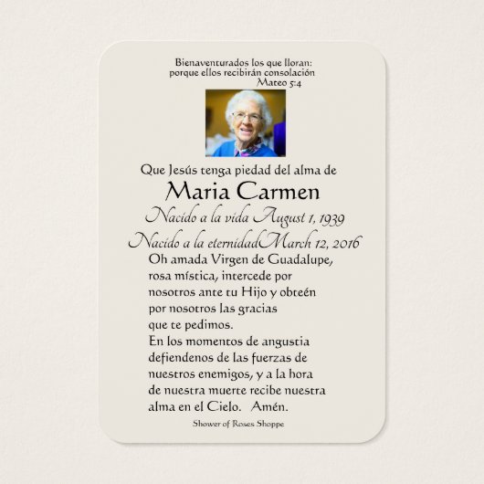 Spaanse Guadalupe Mary Funeral Prayer Heilige Kaar Visitekaartje (Achterkant)