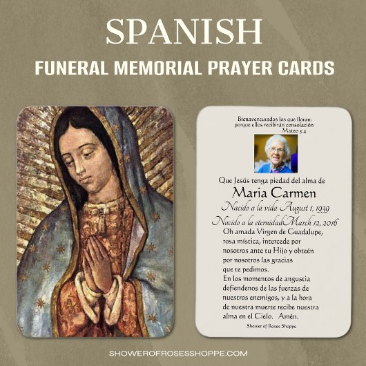 Spaanse Guadalupe Mary Funeral Prayer Heilige Kaar Visitekaartje