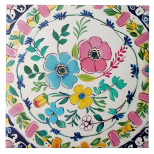 Spaanse heldere kleurrijke bloemmotief roze & blau tegeltje