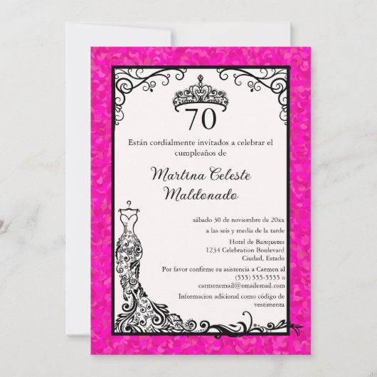 Spaanse Hot Pink Black Elegant 70ste Verjaardagsfe Kaart (Voorkant)