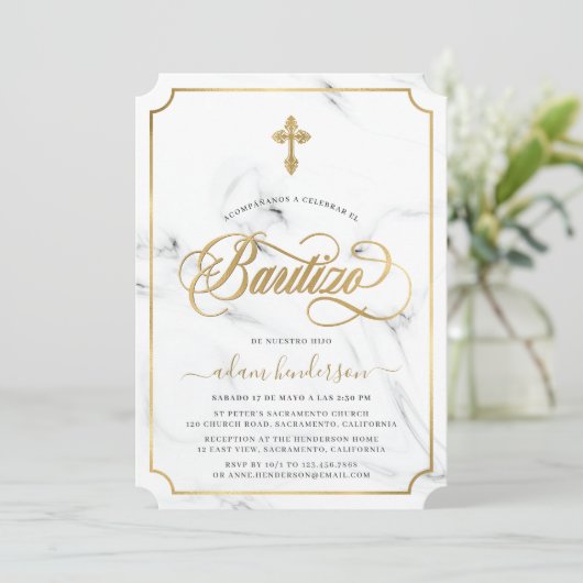 Spaanse Invitacion De Bautizo Marble Gold Kaart (Staand voorkant)