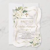 Spaanse Invitacion De Bautizo White Floral Marble Kaart (Voorkant)