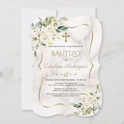 Spaanse Invitacion De Bautizo White Floral Marble Kaart (Voorkant)