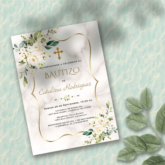 Spaanse Invitacion De Bautizo White Floral Marble Kaart
