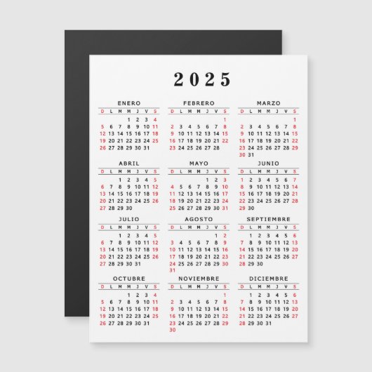 Spaanse Kalender 2025 Wit Zwart Rood Magneet (Voorkant / Achterkant)