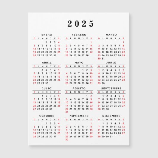 Spaanse Kalender 2025 Wit Zwart Rood Magneet (Voorkant)
