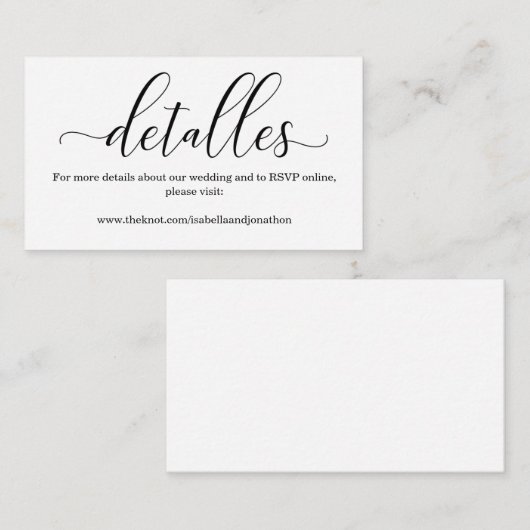 Spaanse kalligrafie-bruiloft Website Informatiekaartje (Voorkant / Achterkant)