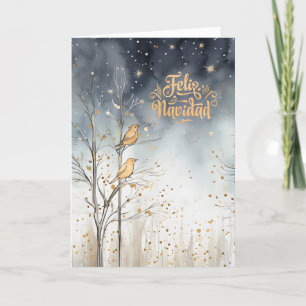 Spaanse Kerstmis Winter Bos Wild Birds Navy Feestdagen Kaart