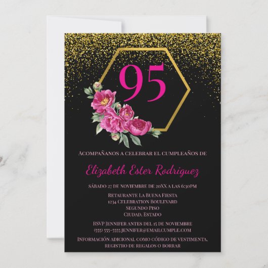 Spaanse Klasse Zwarde Goud & Roze 95e Verjaardag Kaart (Voorkant)