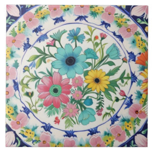 Spaanse Kleurrijke Levendige Bloemen Roze Blauw Bl Tegeltje