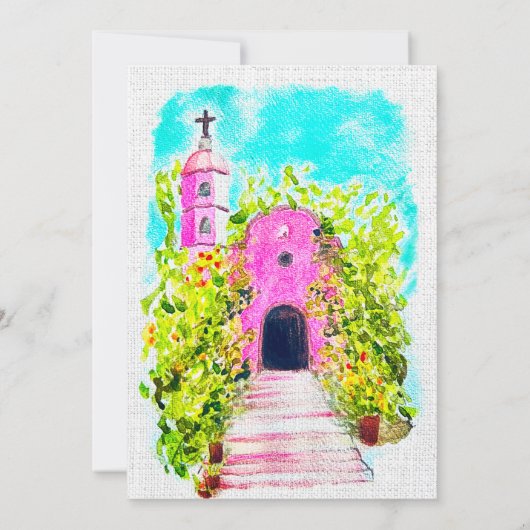 Spaanse, kleurrijke roze kapel Mexicaanse bruiloft Kaart (Achterkant)