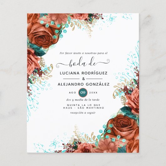 Spaanse koraal en Blauwgroen Floral Wedding Flyer (Voorkant)