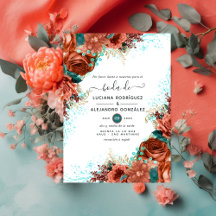 Spaanse koraal en Blauwgroen Floral Wedding