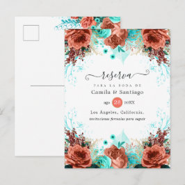 Spaanse koraal en Turquoise Floral Wedding Aankondigingskaart