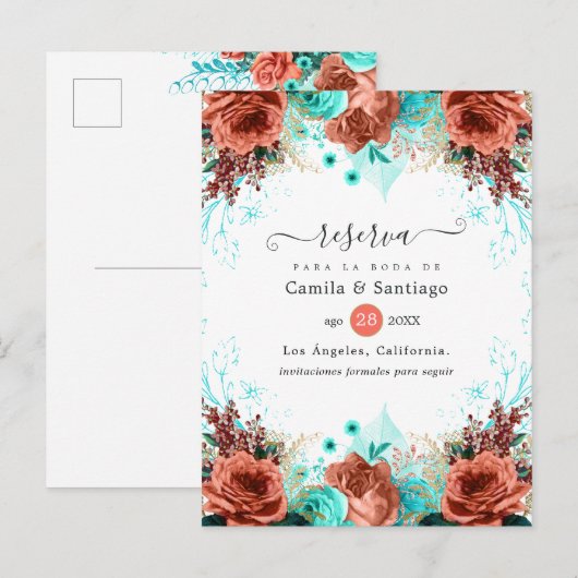 Spaanse koraal en Turquoise Floral Wedding Aankondigingskaart (Voorkant / Achterkant)