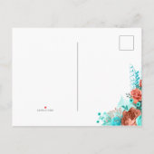 Spaanse koraal en Turquoise Floral Wedding Aankondigingskaart (Achterkant)