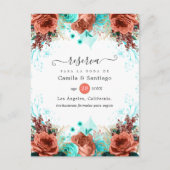 Spaanse koraal en Turquoise Floral Wedding Aankondigingskaart (Voorkant)