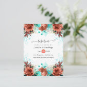 Spaanse koraal en Turquoise Floral Wedding Aankondigingskaart (Staand voorkant)