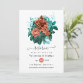 Spaanse koraal en Turquoise Floral Wedding Save The Date (Staand voorkant)