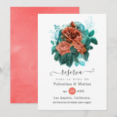 Spaanse koraal en Turquoise Floral Wedding Save The Date (Voorkant / Achterkant)