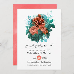 Spaanse koraal en Turquoise Floral Wedding Save The Date