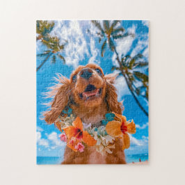 Spaanse Kwispelende Hond Selfie Op Tropisch Strand Legpuzzel