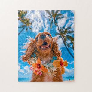 Spaanse Kwispelende Hond Selfie Op Tropisch Strand Legpuzzel