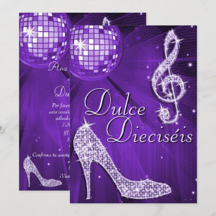 Spaanse Lila Disco Bal & Glitter Hakken Sweet 16 Kaart