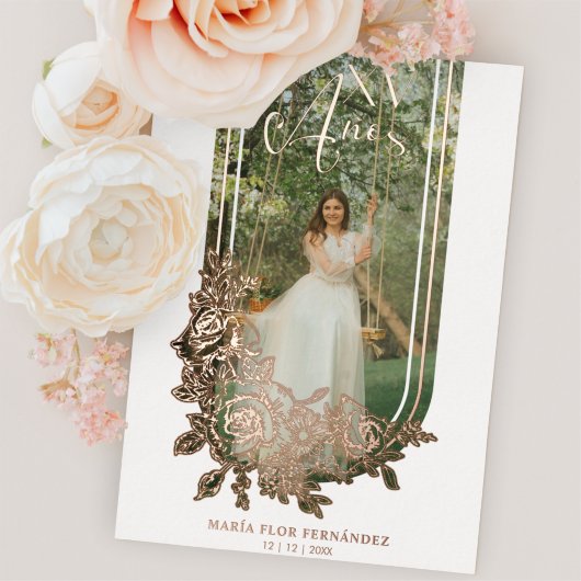 Spaanse Luxury Trendy Floral Mis XV Años Foto Folie Uitnodiging