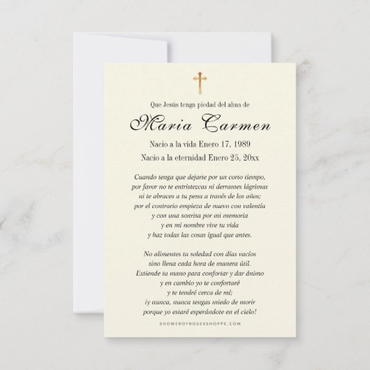 Spaanse maagd Maria begrafenis gedenkteken Notitiekaartje (Achterkant)