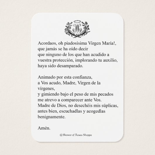 Spaanse maagd Mary Prayer Memorare Heilige Kaart (Achterkant)