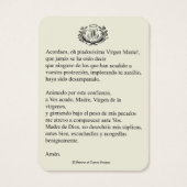 Spaanse maagd Mary Prayer Memorare Heilige Kaart (Achterkant)