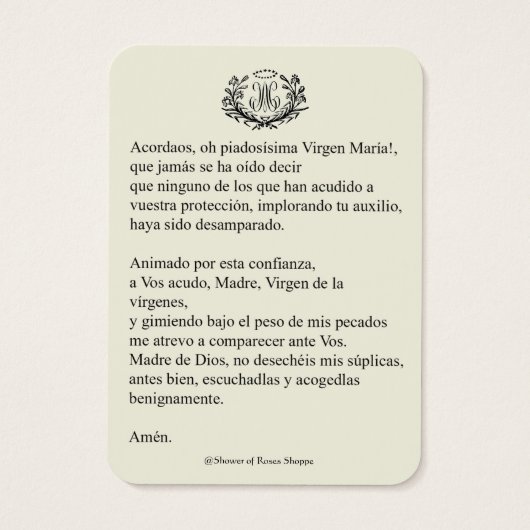 Spaanse maagd Mary Prayer Memorare Heilige Kaart (Achterkant)