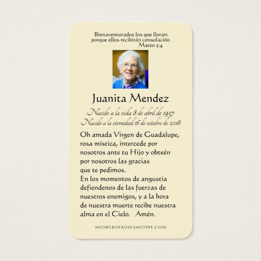 Spaanse Maagd Mary Rozen Religieuze Funeral Card Visitekaartje (Achterkant)