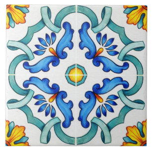 Spaanse Majolica Blauwe Bloem Mozaïek Tegeltje