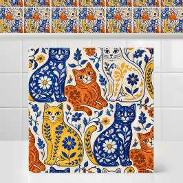 Spaanse Majolica Krachtige Grote Katten Kunst Volk Tegeltje