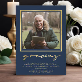 Spaanse marine & gouden kalligrafie begrafenisfoto bedankkaart