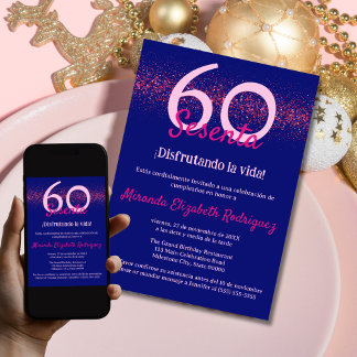 Spaanse marine roze glitters dames 60e verjaardag kaart
