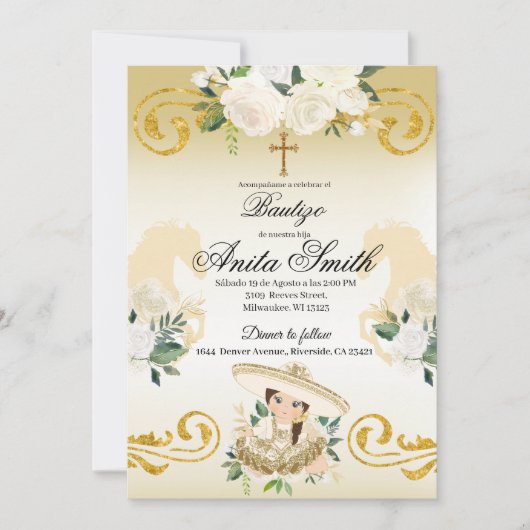 Spaanse Mexicaanse Baptism Gold Girl Charra Kaart (Voorkant)
