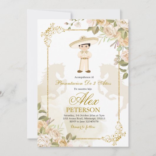 Spaanse Mexicaanse Gold Charro 3 Anos Uitnodiging (Voorkant)